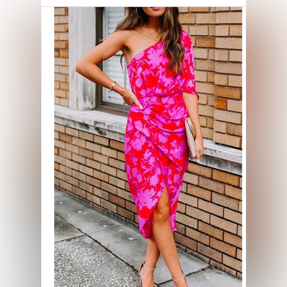 Pink and Red Asymmetrical One-Shoulder Cocktail Dress